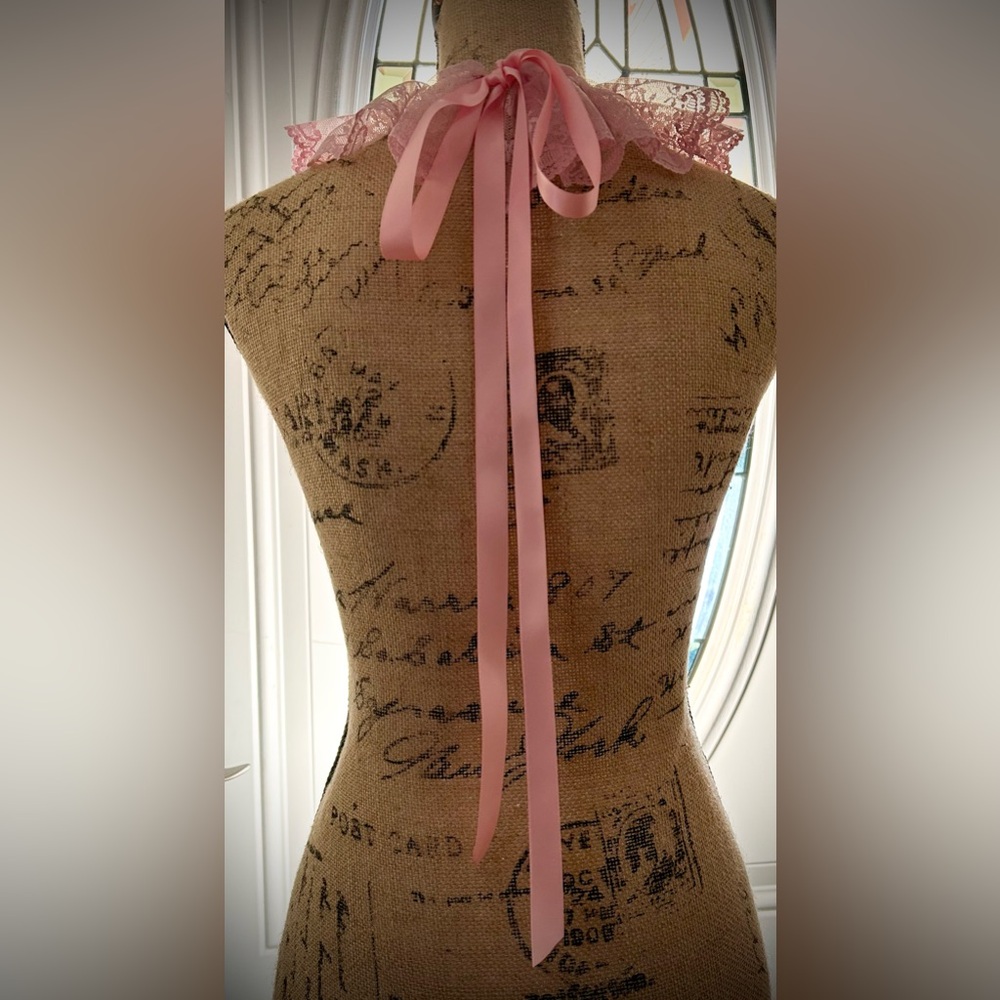 Pink Lace Choker with satin Ribbon Tie. Victorian style collar